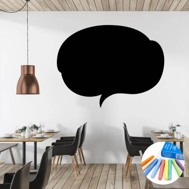 Chalk sticker speech bubble 294 - Café decor with light walls, wooden furniture, and modern lamps.