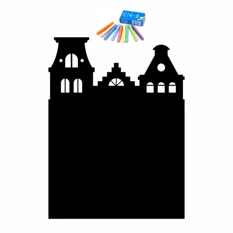 Chalkboard magnetic board with house design, featuring windows and a roof in black on a white background.