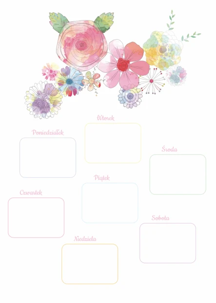 Weekly planner dry-erase board with floral design. Pastel flowers frame the spaces for each day.
