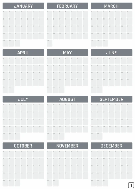 Universal dry-erase annual calendar in English, featuring a simple gray and white monthly layout.