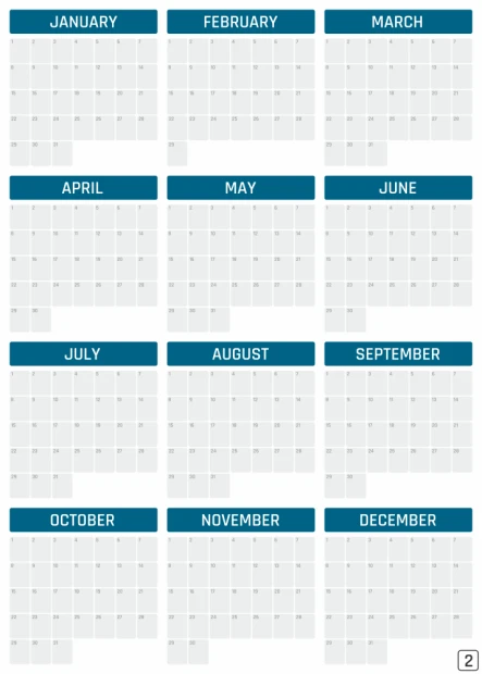 Universal yearly dry-erase calendar in English, featuring a simple vertical month layout with blank spaces.