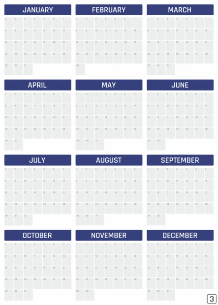 Universal dry-erase annual calendar, English version 376 - Graphic design. Grid with months and days, rectangular shape.