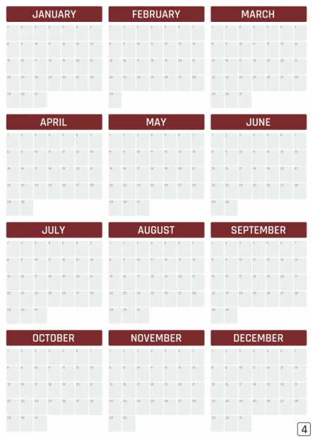 Universal annual dry-erase calendar in English, featuring a graphic design with a monthly grid and empty spaces.