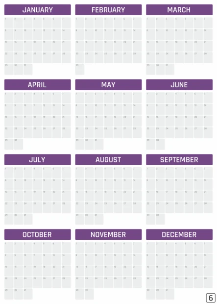 Universal annual dry-erase calendar in English, featuring rectangular boxes with month names and a graphic design.