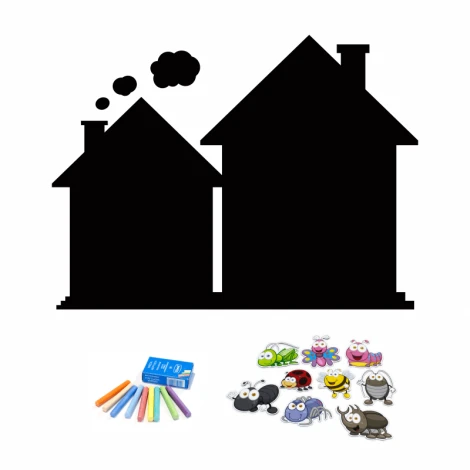 Chalkboard magnetic board with graphic design featuring two black house silhouettes, a cloud, and colorful insect drawings.