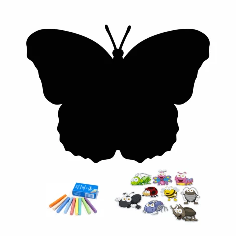 Chalkboard magnetic board butterfly 003 - Large black butterfly shape with colorful elements.