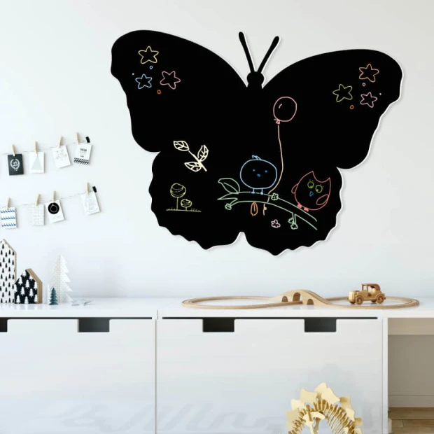 Chalkboard magnetic board butterfly 003 - Graphic design with colorful drawings of a butterfly, leaves, and a balloon.