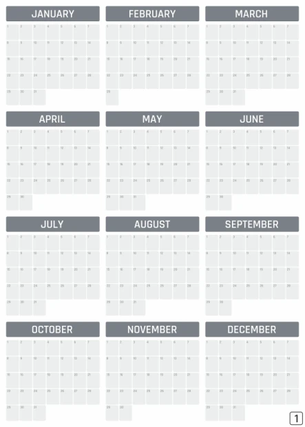Magnetic dry-erase board, annual calendar, universal English version 376 - graphic design, simple monthly layout.