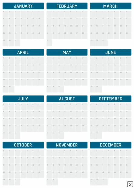 Magnetic dry-erase board, annual calendar, universal design, English version 376 - Simple monthly layout.