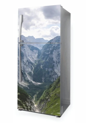 Fridge wrap sticker Alps P1072 - Graphic design featuring a mountain landscape with a valley and green slopes.