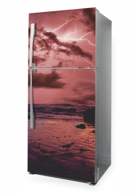 Fridge wrap sticker Storm P1081 - Graphic design featuring a stormy sky with lightning over the sea.