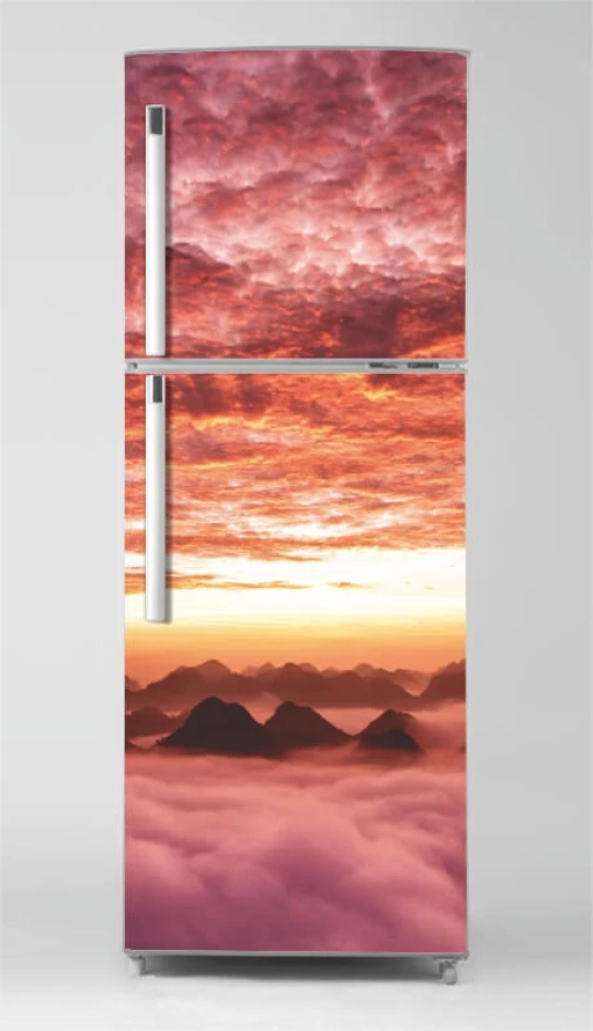 Fridge wrap sticker clouds P1096 - Graphic design with pink and orange clouds over mountains.