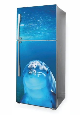 Refrigerator wrap sticker dolphin P1093 - Graphic design. Dolphin against a blue water background with air bubbles.