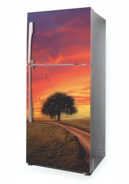 Fridge wrap sticker tree P1082 - Graphic design. Tree against a sunset backdrop and a road in a field.