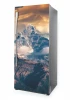 Fridge wrap sticker P1079 - Graphic design of a mountain with a sharp peak, surrounded by clouds and valleys.
