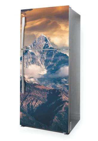 Fridge wrap sticker P1079 - Graphic design of a mountain with a sharp peak, surrounded by clouds and valleys.