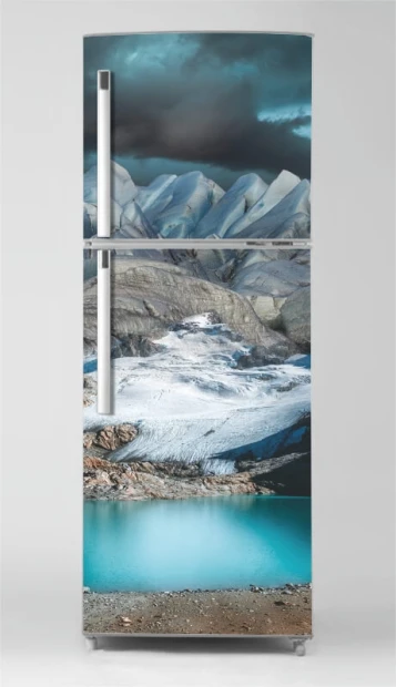 Fridge wrap sticker P1089 - Graphic design featuring mountains, a glacier, and a turquoise lake.