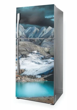 Fridge wrap sticker P1089 - Graphic design featuring mountains with a glacier and a turquoise lake.
