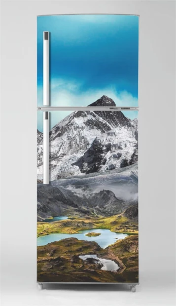 Fridge wrap sticker P1091 - Graphic design featuring mountains with a glacier and lakes in the valley.