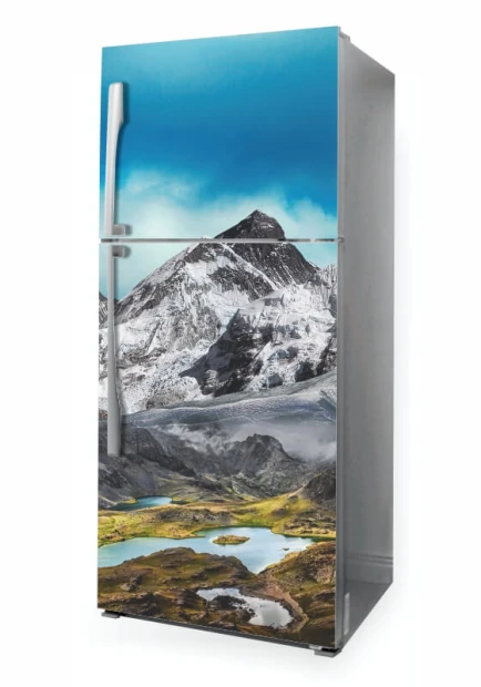 Fridge wrap sticker P1091 - Graphic design of mountains with glaciers, green valleys, and lakes under a blue sky.