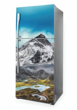 Fridge wrap sticker P1091 - Graphic design of mountains with glaciers, green valleys, and lakes under a blue sky.