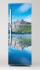 Fridge wrap sticker P1092 - Graphic design featuring mountains reflected in water with blue accents.