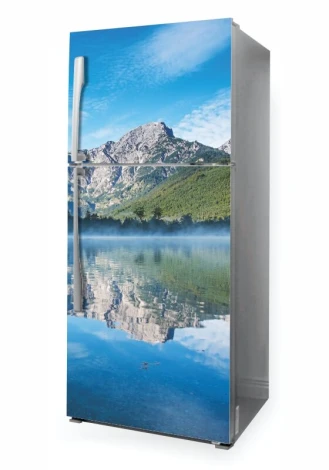 Fridge wrap sticker P1092 - Graphic design of mountains reflecting in water with blue accents.