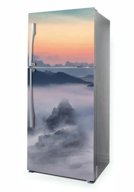 Fridge wrap sticker Mountains in Fog P1086 - Features mountains in clouds with a pastel sky design.