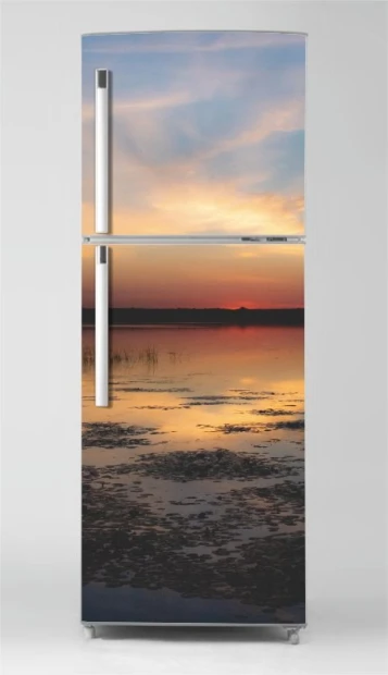 Sunset lake fridge wrap sticker P1084 - Graphic design featuring a lake with a reflection.