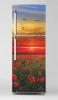 Fridge wrap sticker P1077 - Graphic design featuring poppies against a sunset backdrop with flying birds.