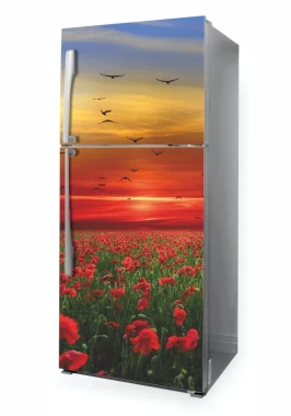 Fridge wrap sticker poppies P1077 - Kitchen decor with light-colored walls and modern furniture.