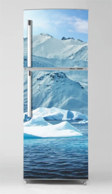 Winter landscape fridge wrap P1090 - Features snow-covered mountains and ice formations.
