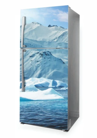 Winter landscape fridge sticker P1090 - Graphic design featuring snow-covered mountains and ice.