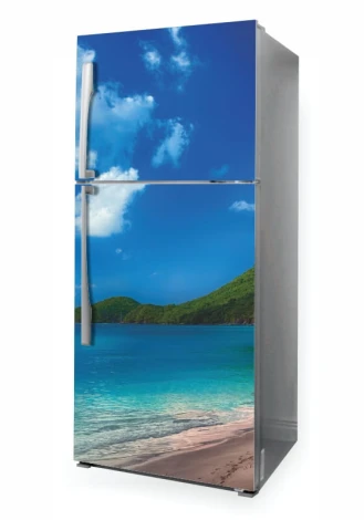 Fridge wrap sticker beach P1073 - Graphic design featuring a white sand beach and turquoise water.