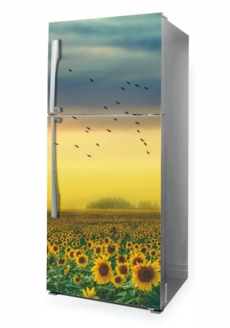 Refrigerator wrap sunflower sticker P1078 - Graphic design featuring a yellow meadow with sunflowers and a cloudy sky.