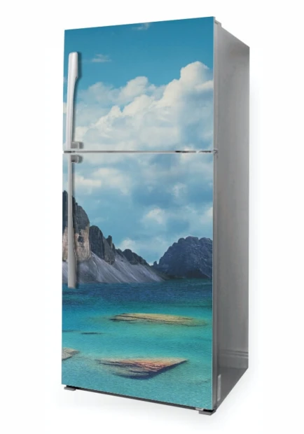 Fridge wrap sticker Coastal P1083 - Graphic design featuring a sea view with mountains in the background.