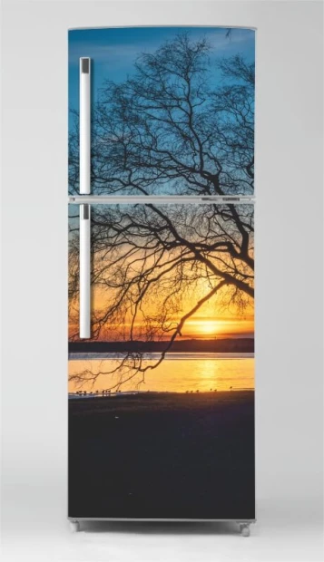 Sunset fridge wrap sticker P1095 - Kitchen decor with light-colored walls and modern furniture.