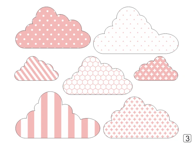 Colorful cloud wall stickers set 2441 - Graphic design. Clouds in various shapes, in shades of pink and white.