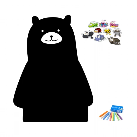 Chalkboard magnetic board bear 295 - Bear shape with a white smile, alongside colorful magnets and crayons.