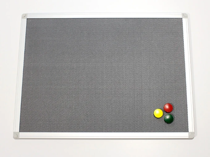 Magnetic pinboard - Graphic design. Gray textured surface with three magnets in yellow.