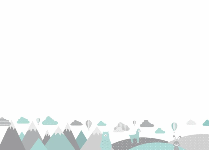 Dry-erase magnetic board for kids featuring animals and mountains design on a white background with clouds.
