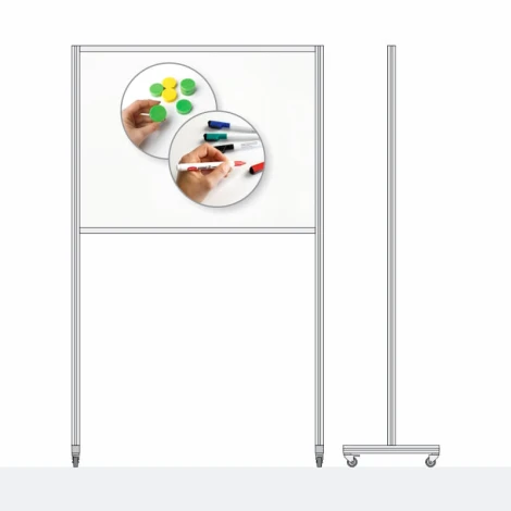 Mobile whiteboard 120 x 90 cm with graphic design. White surface featuring round colored elements.