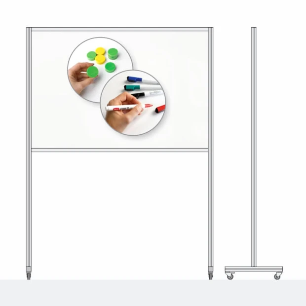 Mobile whiteboard 150 x 100 cm with graphic design. Features a white surface and round colored magnets.