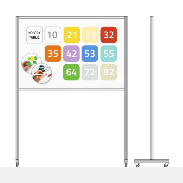 Mobile dry-erase magnetic board 150 x 100 cm - Features colorful rectangles on a white background.