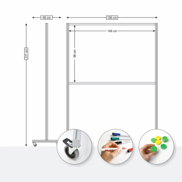 Mobile dry-erase magnetic board 150 x 100 cm - Graphic design. Simple rectangular shape with dimensions and icons.