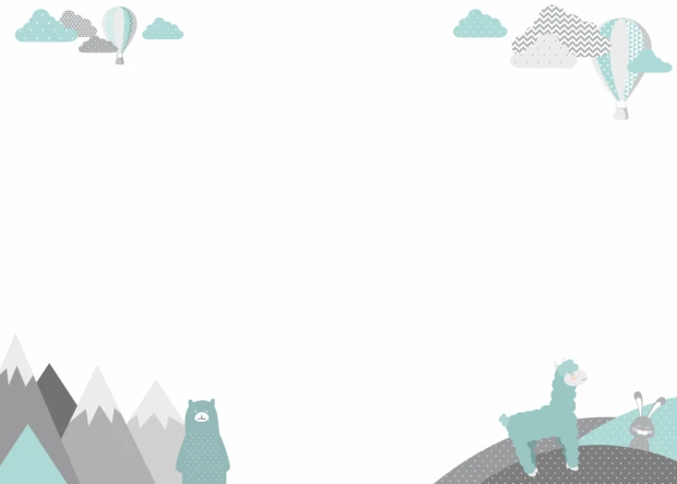 Dry-erase board for kids featuring an alpaca, bear, bunny, and balloons on a white background with clouds.