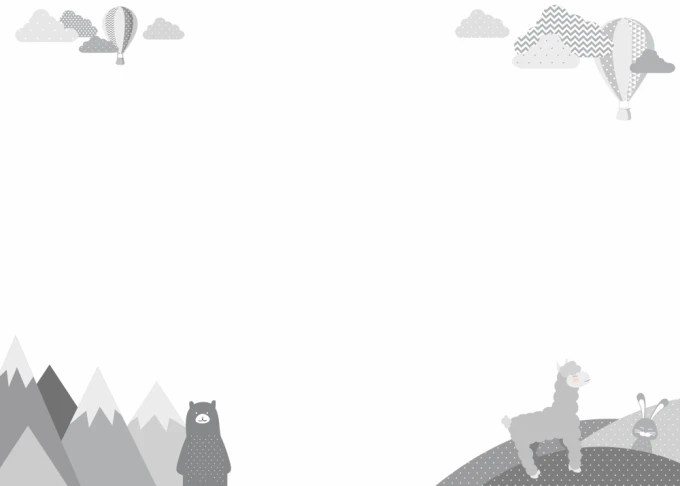 Whiteboard for kids featuring mountains, balloons, a bear, and a llama in a colorful design.