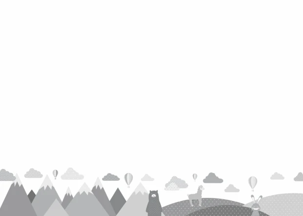 Dry-erase board for kids featuring animals and mountains. Design includes mountains, clouds, and balloons.