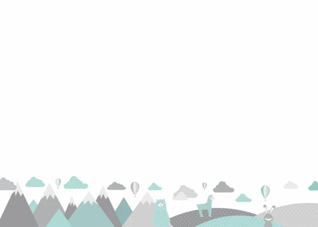 Dry-erase board for kids featuring animals and mountains, with a white background of mountains, clouds, and balloons.