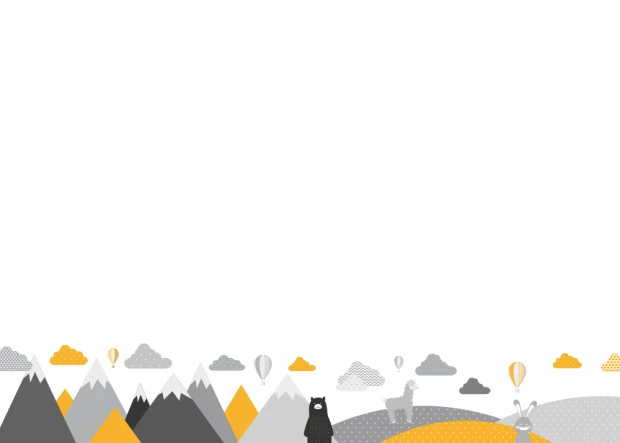 Dry-erase board for kids featuring animals and mountains. Design includes mountains, clouds, and balloons.